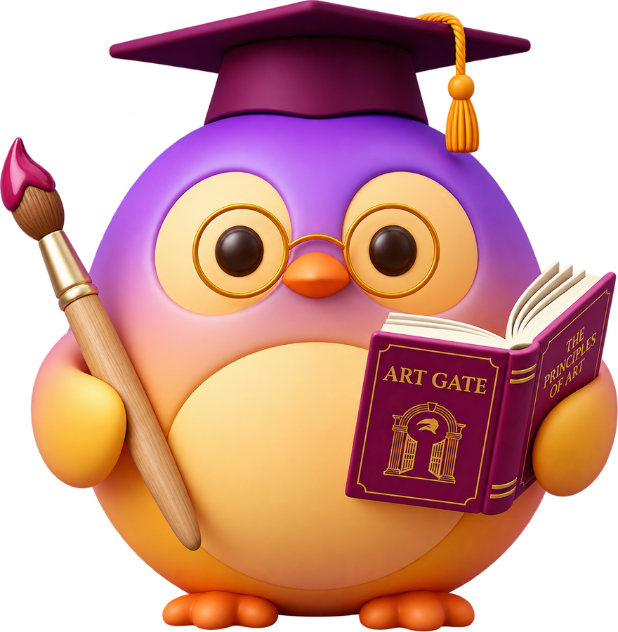 Iris, the Art Gate penguin, wearing a graduation cap and round glasses, holding a paintbrush and a book titled Art Gate